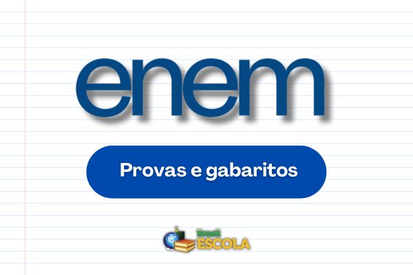 Fundo folha de caderno, logo do Enem, texto Provas e Gabaritos