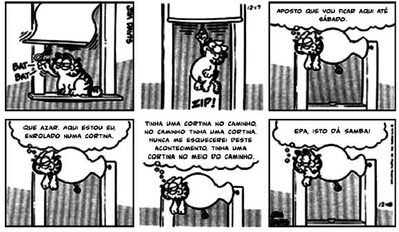 Tirinha Garfield com intertextualidade com texto de Drummond “No meio do caminho”